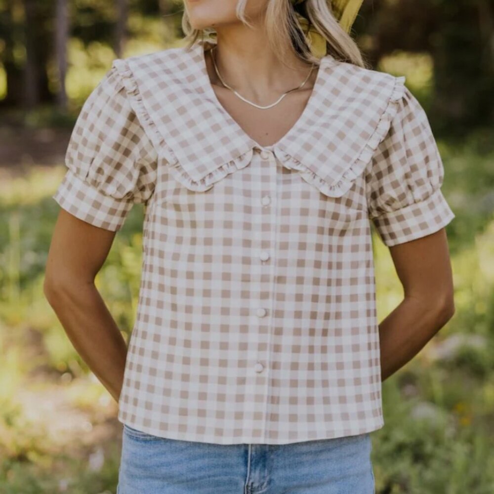Roolee Set Me Free Gingham Peter Pan Collar Top NWT Size XXXL